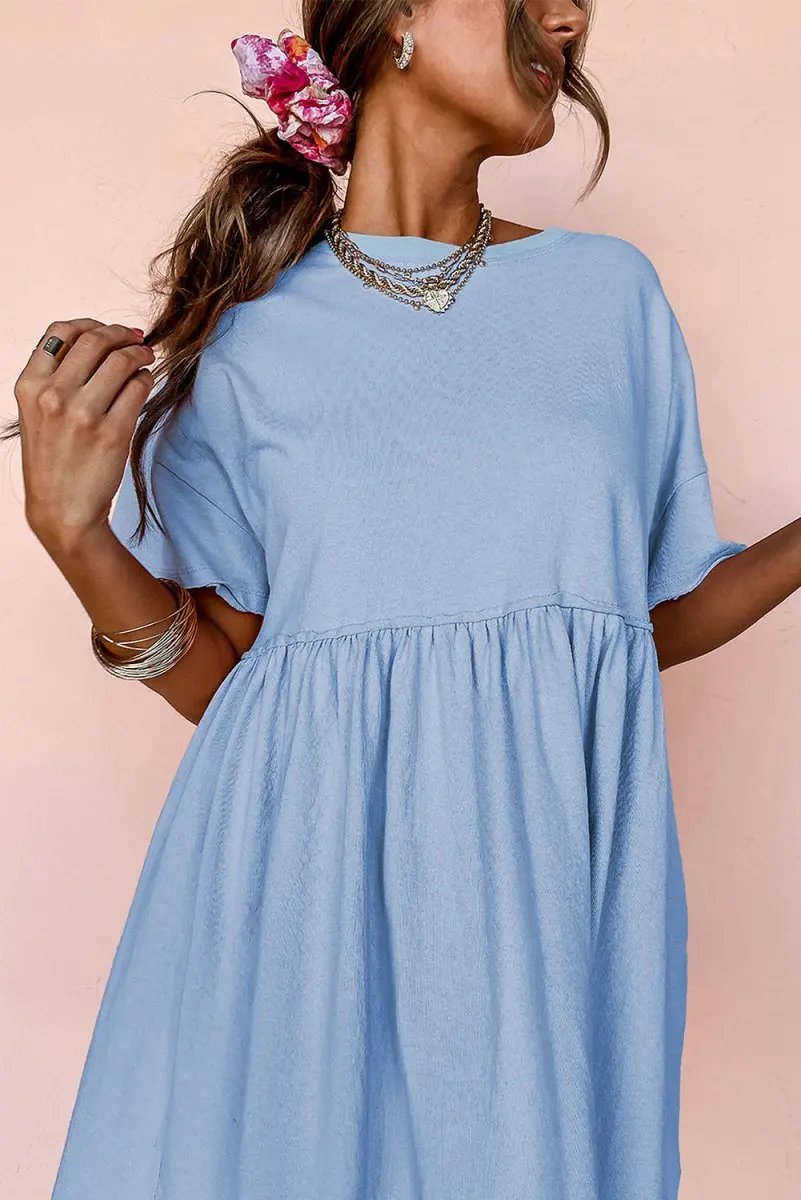 Sky Blue Solid Color Pocketed Raw Edge Babydoll Dress - Love Salve